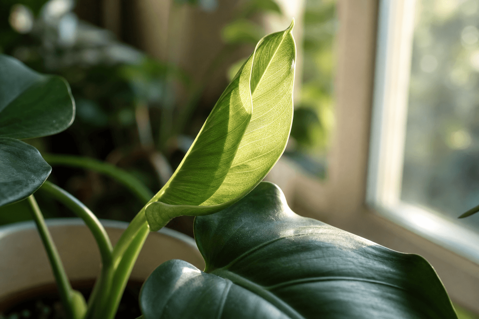 A new green leaf catching soft morning light